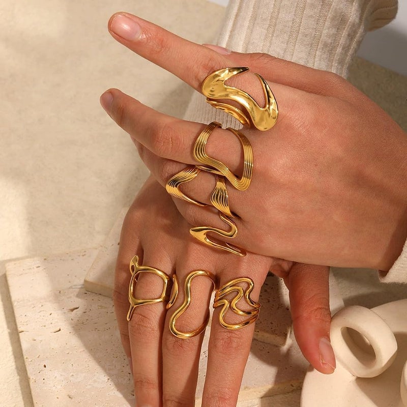 AiTURE Chunky Rings For Women, Gold Silver Thumb Ring Asymmetrical Wavy Curve Ring Adjustable Non Tarnish Dainty Stainless Steel New Year Anniversary Birthday Jewelry Gift - Image 2